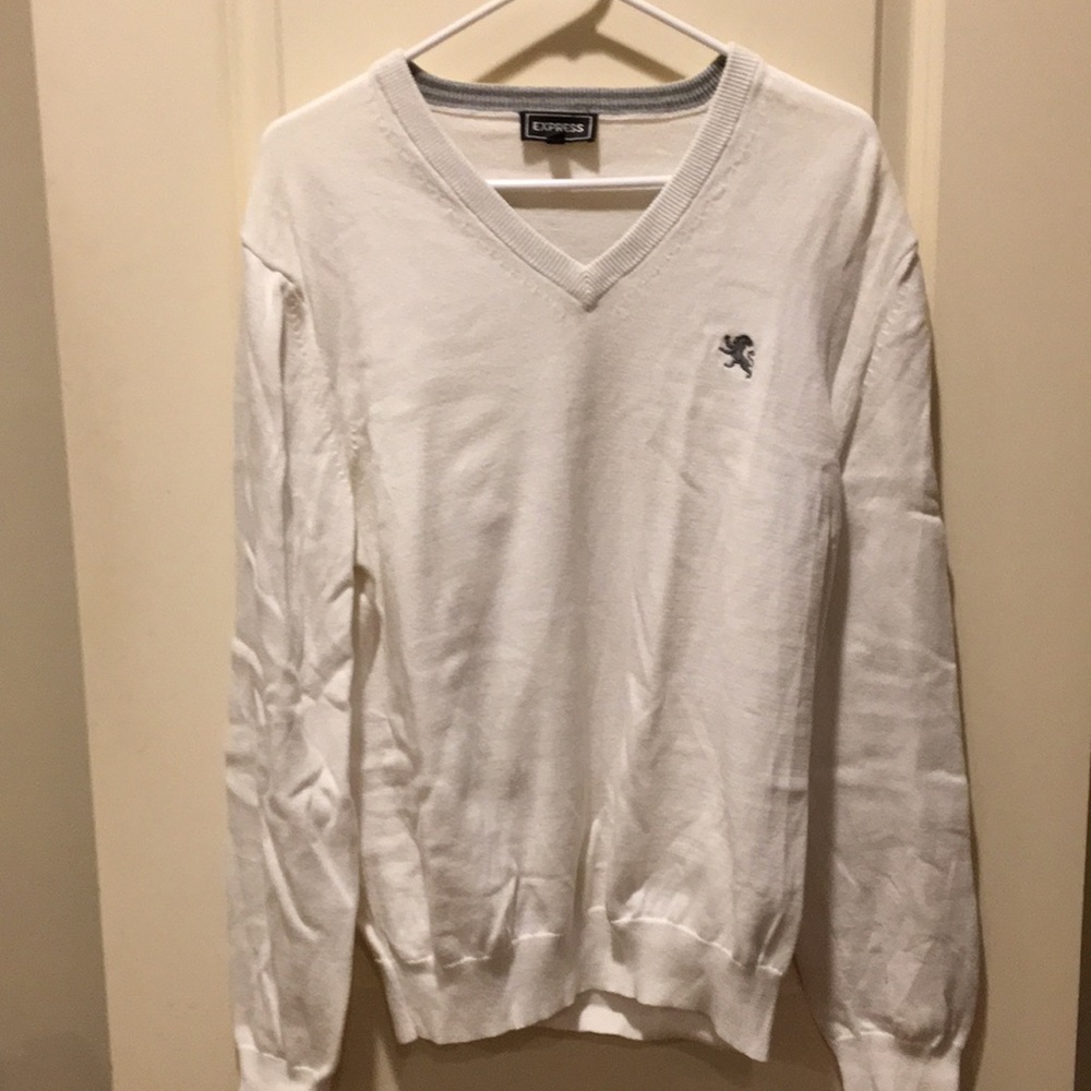 Express mens pullover V-Neck white Sweater long sleeves 100% cotton size L